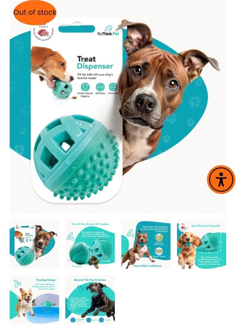 Teal Treat Dispenser Dog Toy Pet Toys ReThink Pet Dispenser Treat Ball Toy Beef